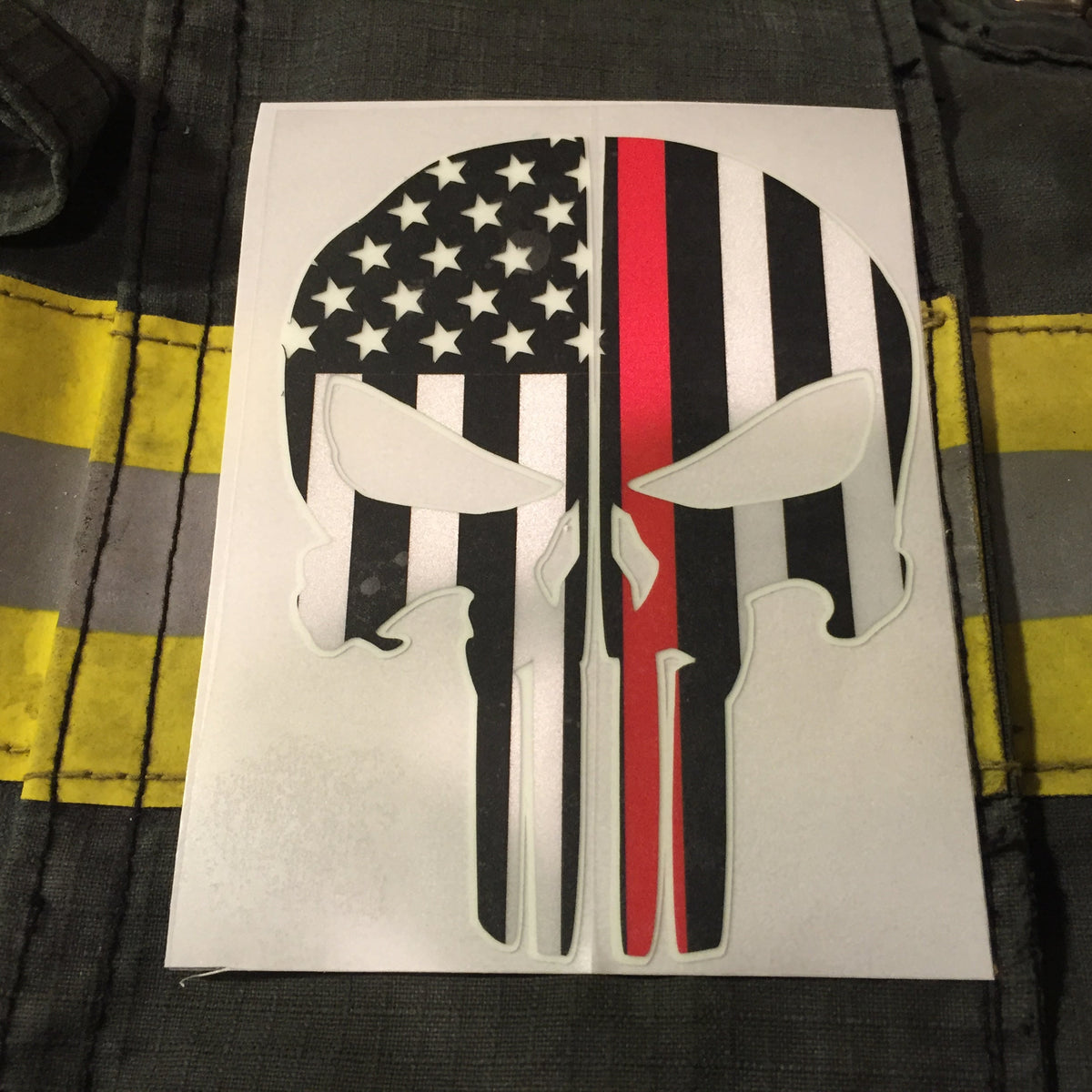 THIN RED LINE FLAG PUNISHER SKULL REAR HELMET REFLECTIVE/GLOW IN THE DARK STARS & STRIPES/OUTLINE HELMET DECAL