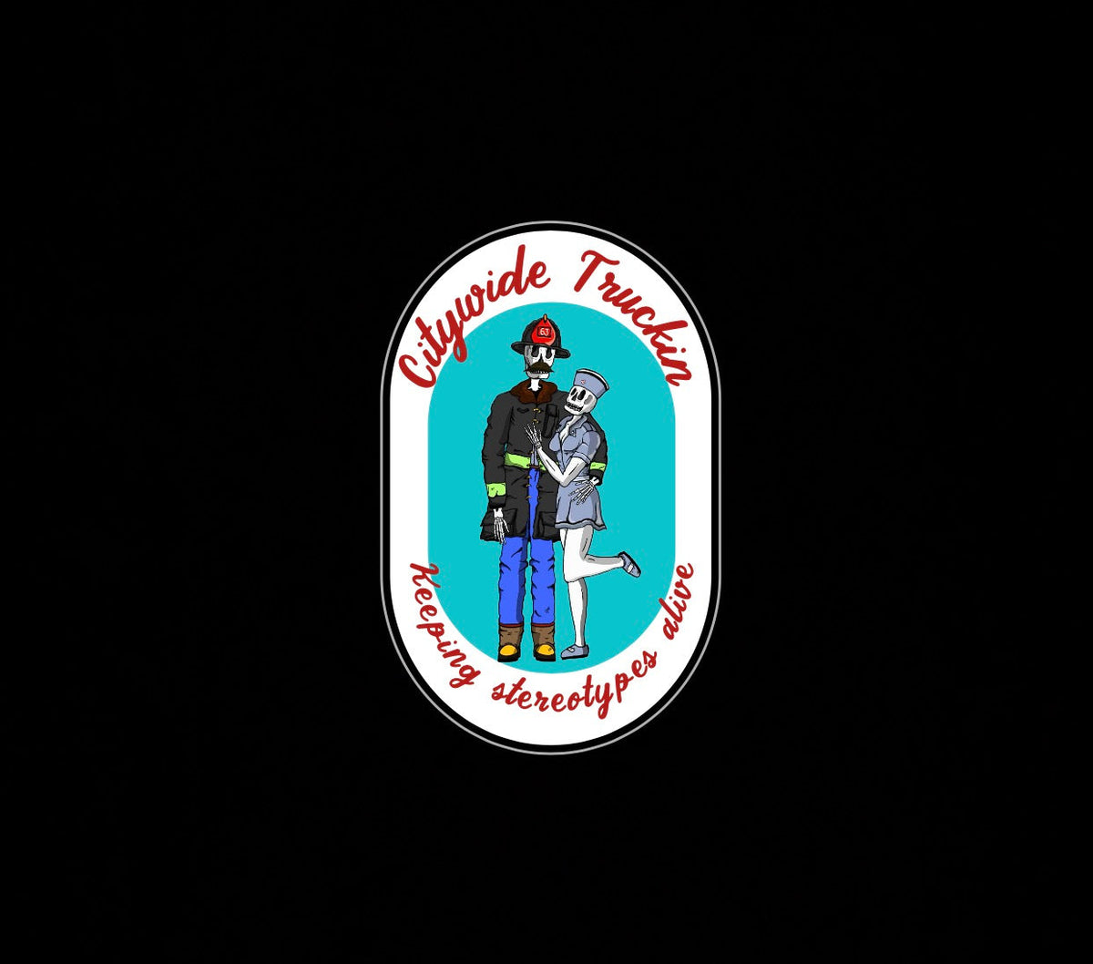 Firefighter & Nurse Skeleton with Text | Laminated Vinyl Sticker