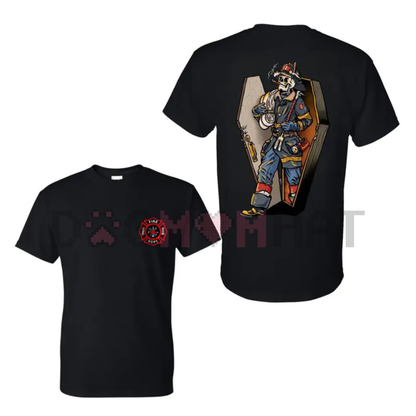 Firefighter Skull Coffin Graphic Tee – Edgy Gothic Statement Design, 2 Sides, Bold Wear For First Responders, Fire Department Apparel